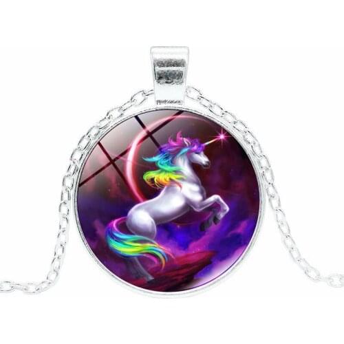 Vintage Jewelry with Silver/Bronze/Black Color Chain Unicorn Shaped Glass Cabochon Choker Long Pendant Necklace for Kids Women