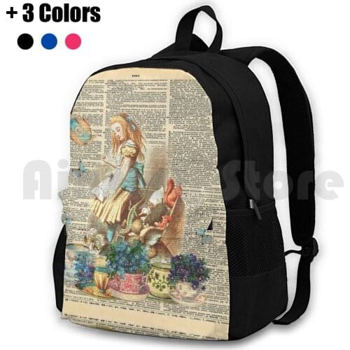 Vintage Alice In On A Dictionary Page Outdoor Hiking Backpack Riding Climbing Sports Bag Alice In Tea Party Lewis Carroll Book