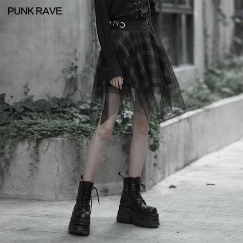 PUNK RAVE Womens Dark Asymmetric Mesh Skirt Corns Buckle Loop Decoration Punk Plaid Casual Short Skirts Women