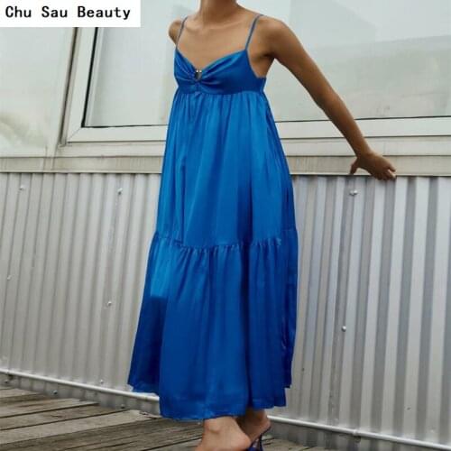 Chu Sau Beauty 2021Za New Womens Royal Blue Loose Large Midi Dress Summer Open Back Thin Strap Side Zipper Holiday Dinner Dress
