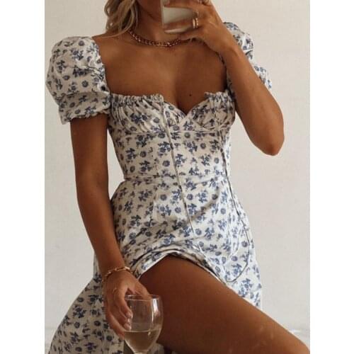 DGIRL Floral Print Woman Dress Square Neck Puff Sleeve Side Spilt Drawstring Maxi Dresses for Women Party Chic Casual Outfits