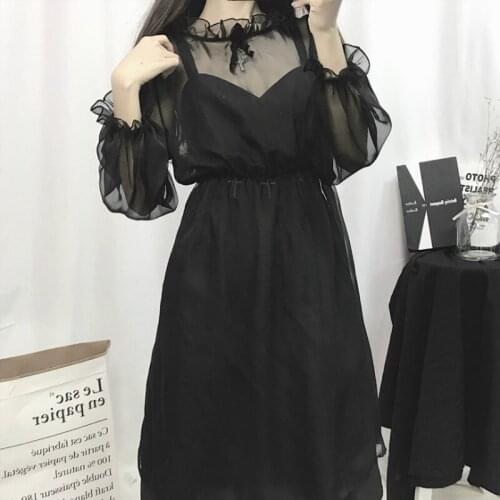 Japanese Harajuku vintage v-nrck high waist gothic lolita dress+long sleeve smock kawaii girl two pieces set loli cosplay