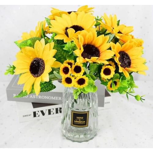 1Bunch Artificial Silk Sunflower High Quality Flower Bouquet Wedding Festival Party Home Garden DIY Fake Sunflower Decoration 7z