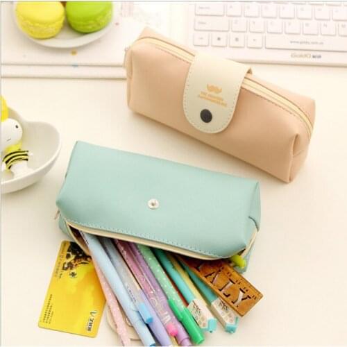 1pcs New Cute Kawaii Pure Color Leather Pencil Case School Pencil Bag For Girls Korean Stationery Free Shipping