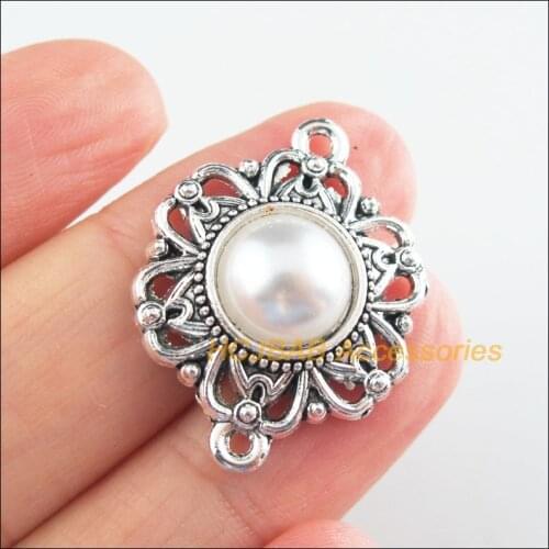 15Pcs Tibetan Silver Tone Retro White Flower Round Acrylic Charms Connectors 21.5x28mm