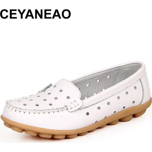 CEYANEAO New Summer plus size Women cutouts Genuine Leather Mom shoes Comfortable Sewing Buckle Flats Nurse Casual ballet flats
