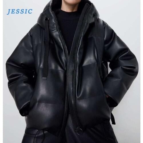 JESSIC Pu Leather Cotton Padded Coat 2020winter Jacket Hooded Womens Parkas Female Jacket New Fashion Thick Warm Pu Short Solid