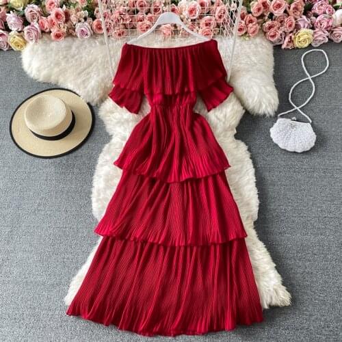 Summer New Slash Neck Women Pleated Dress Sweet Puffles Midi Long Short Sleeve Beach Dress Sexy Off Shoulder Female A-Line Dress