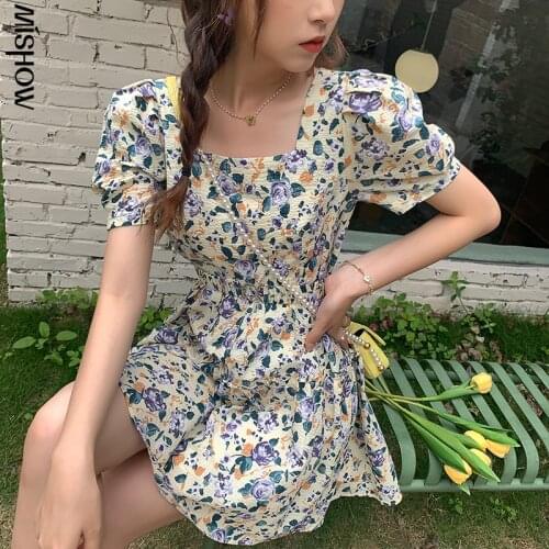 MISHOW 2021 New Female Summer MDress High Waist Floral Dress Elegant Square Neck Fashion Clothing For Women MXA23L0103
