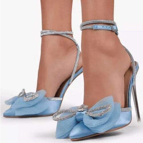 Plus Size Heels Women Shoes Party Fashion Butterfly-Knot Narrow Band Sweet Patchwork Cross-Tied Crystal Pointed Toe Lace Pumps