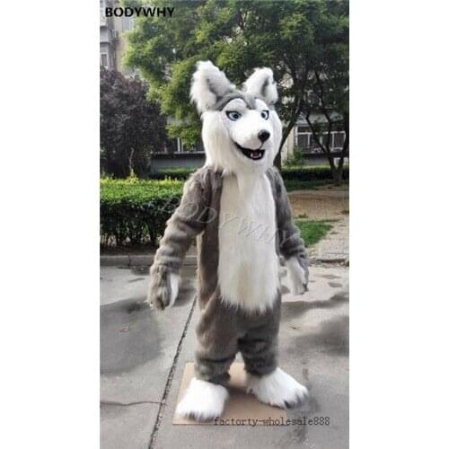 Luxury Long Fur Gray Husky Dog Fursuit Mascot Costume Fox Furry Costume Halloween Outdoor Party Adult Fancy Suit Unisex Dress