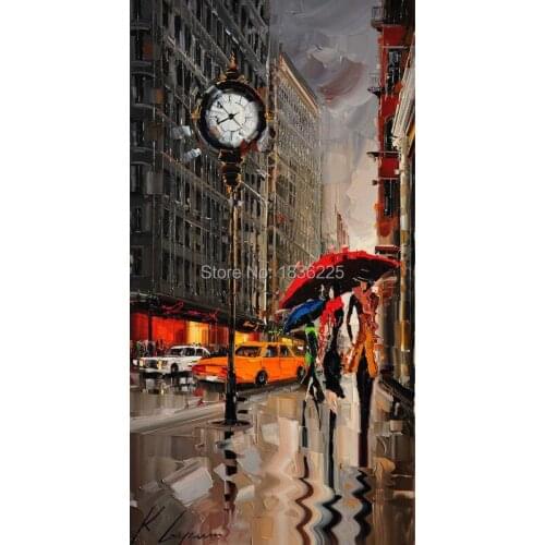 Handpainted modern design lovers dating under umbrella clock walk on street scenery oil painting couple decoration canvas art