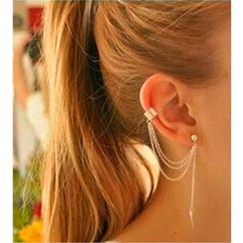 2017 New Fashion Women Girl Punk Rock Leaf Chain Tassel Dangle Cuff Earrings Cross Charms Metallic Wrap Ear Cuff Earrings e066