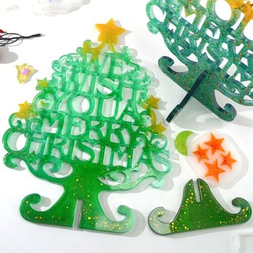 DIY Crystal Epoxy Resin Mould Merry Christmas Tree Letter Silicone Molds For Resin Art Xmas Table Ornament Home Decoration Gifts