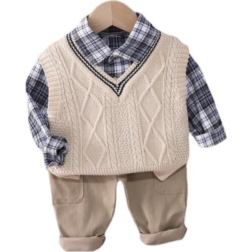 Spring Autumn Children Casual Clothes Baby Boys Girls Vest Lattice Shirt Pants 3Pcs/sets Kids Clothing Toddler Cotton Tracksuit