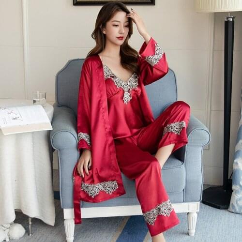 2020 Spring New Simulation Silk Pajamas Female Trousers Suspenders Four-Piece Sexy Lace V-Neck Robe Home Service Пижама Женская