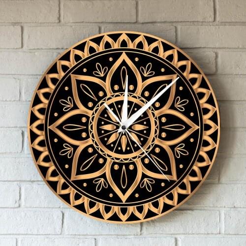 Vintage Luxury Gold Black Clock Wall Watch Mandala Ethnic Royal Pattern Indian Sun Design Yoga Studio Mute Non Ticking Horologe