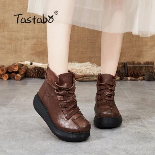 Tastabo Genuine Leather Womens nude boots Black Brown Retro style Abrasion-resistant platform Comfortable Womens boots S88606