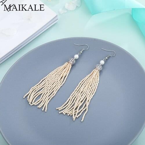 MAIKALE Luxury Multicolor Ceramic Beads Chain Tassel Earrings with Pearl Zirconia Crown Long Earrings for Women Jewelry