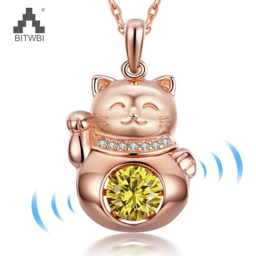 100% 925 Sterling Silver Fortune Cat Pendants Cute Lucky Animals Shaking Yellow Crystal Necklace for Women Jewelry