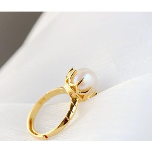 Real 925 Sterling Silver Fashion Women Open Adjustable Ring Natural Pearl Fine 18K Gold Plated Wedding Party Jewelry Gift