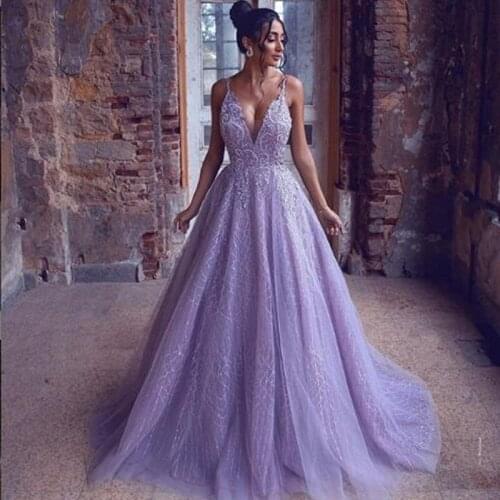 Sexy V-neck Evening Dress Robe De Soiree 2020 Spaghetti Strap Tulle With Appliques Evening Dresses Long Dress Vestido De Festa