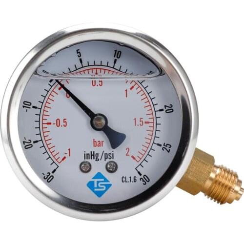 Compound Pressure Vacuum Gauge Glycerine Filled 63mm -1-2bar-30-30inhg/psi 1/4 BSP Bottom