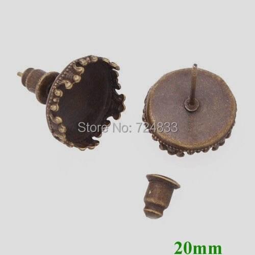 20mm Antique Bronze tone Blank Bases Round Bezel Tray Pin Stud Earrings Post w/ Bullet Stopper Settings Findings Bulk Wholesale