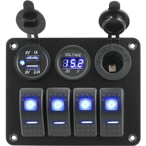 Aluminum Panel LED Rocker Switch Panel Digital Voltmeter Circuit Breaker Dual USB Port 4 Gang for Car RV Camper Caravans Ship