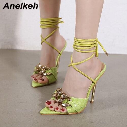 Aneikeh New Fashion Pointed Toe PU Metal Decoration Ladies Sexy High Heel Party Shoes Shallow Ankle Cross-Tied Summer Sandals