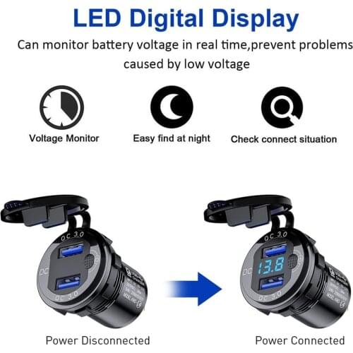Digital Display Dual USB3.0 Fast Car Charger With Key Switch LED Voltage Display Waterproof 12V Charger