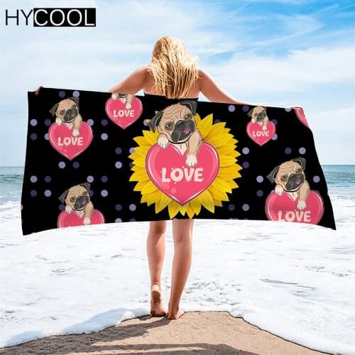 Microfiber Quick Dry Pug Dog With Love Heart Flower Printing Soft Beach Cushion Swimming Towels Travel Sand Free Robe Blankets