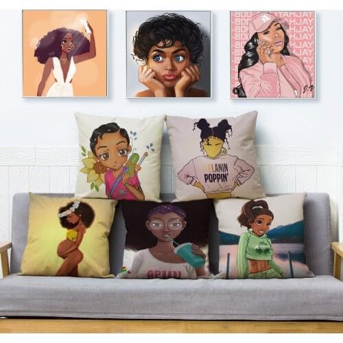 African Girl Cushion Cover Home Decor Cute Cartoon Pillow Cover Pillows Case Portrait Pillowcase for Sofa Home Car Linen 45*45cm