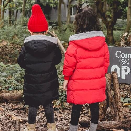 Winter New Mid-long Childrens Down Jacket Boys Girls Pure Color Thickened Hat Down Coat