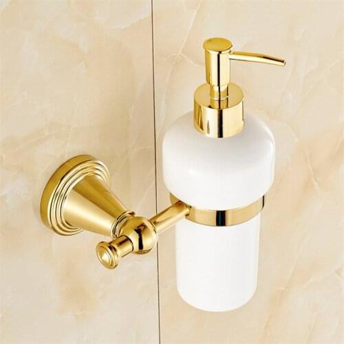 Liquid Soap Dispenser Ceramic & Brass Bathroom Shampoo Shower Gel Bottle Press Type Head Perfume Bottle Wall Mounted Gold