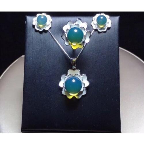 Natural 925sterling silver flower inlaid 100% real blue amber beads necklace ring earrings for women amber bracelet jewelry sets