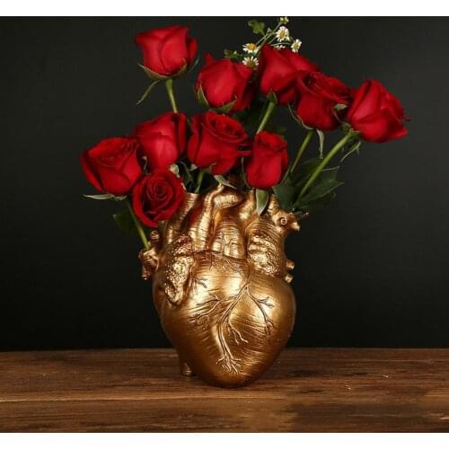 Creative Heart Resin Vase Golden White Resin Heart Shape Flower Arranging Vase Desk Ornament Flower Pot Gardening Planter