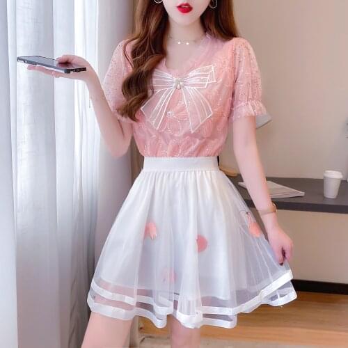 2021 new summer super fairy gentle wind fresh lace shirt with fluffy embroidered mesh skirt suit