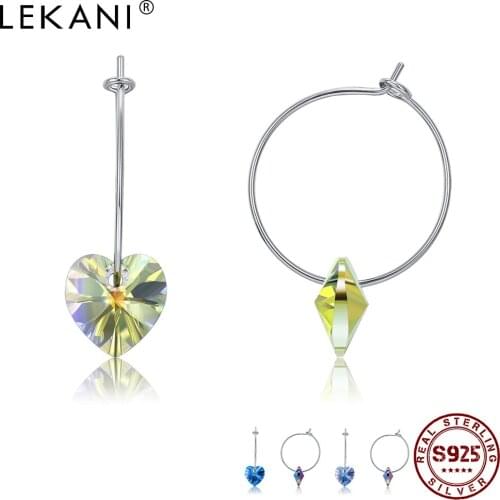 LEKANI 100% 925 Sterling Silver Earrings For Women Multicolor Heart Austria Crystal Hoop Earring Fine Jewelry Romantic Gift