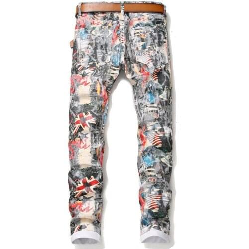 Summer Lightweight Fashion Painted Jeans Men Personalized Printed Slim Denim Pencil Pants Street Hip Hop Club Jeans Elastic