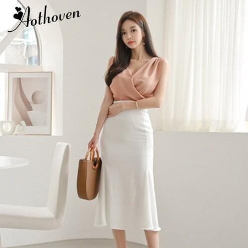 Summer Elegant Women Suit Pink Sleeveless Blouse and White Bodycon Wrap Skirt 2 Piece Set Women Office Work OL Two Piece Set