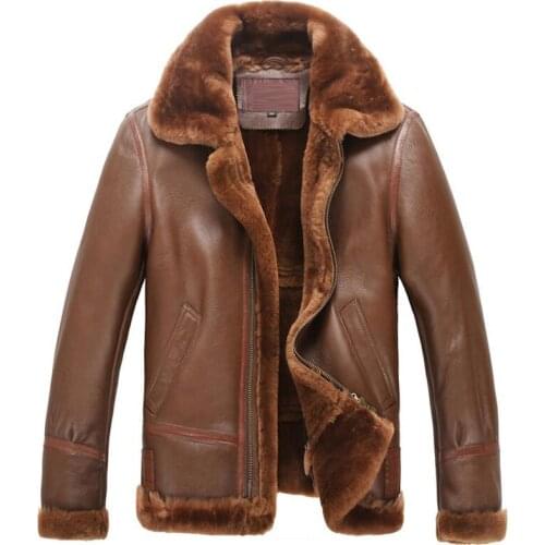 Mens Shearling Coat Genuine Leather Outerwear Men B-3 Bomber Leather Jacket Outwear Flight Jacket Pilot Leather Jacket TJ44
