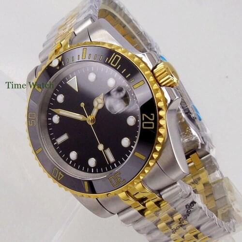 Gold Plated 40mm Mens Automatic Watch Japan NH35/Miyota 8215 Movement Sapphire Glass Jubilee Band Date Cyclops Ceramic Insert