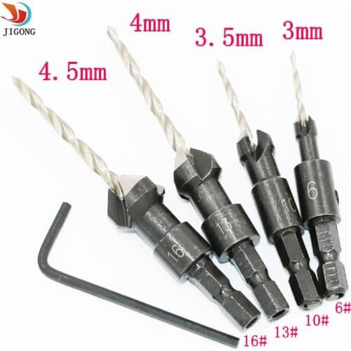 JIGONG 4pcs HSS Carpentry Countersink Drill Bit Set Quick Change Hex Shank Screw #6 #10 #13 #16+1pc wrench
