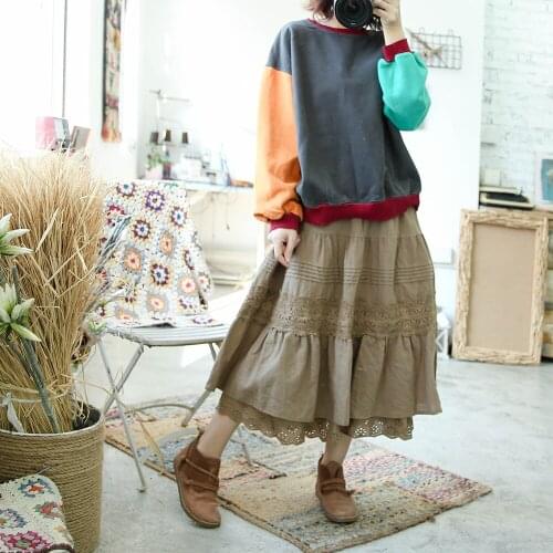 2020 new mori girl fashion casual womens clothing Cotton and linen lace stitching midi skirt