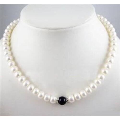 Charming 7-8mm White FW Pearl + Black stone Necklace 18