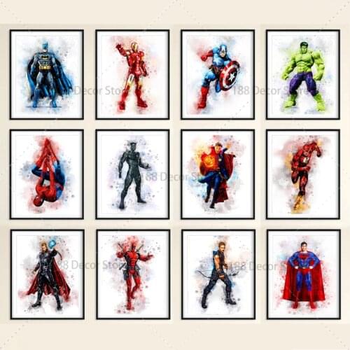 Marvel Avengers Super Hero Printed Watercolor Paintings on Canvas Spiderman Poster Wall Art Picture for Kids Room Decor Cuadros
