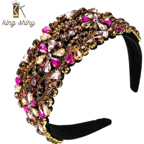 King Shiny Luxury Baroque Crystal Flower Headband Gorgeous Multi Color Geometric Gem Diamond Beaded Hairband Girls Tiara Crowns