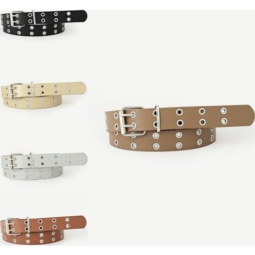 D&T Women Punk Fashion Belt Adjustable Double/Single Row Hole Metal Eyelet Waistband Luxury Brand Designer Belt New PU Material