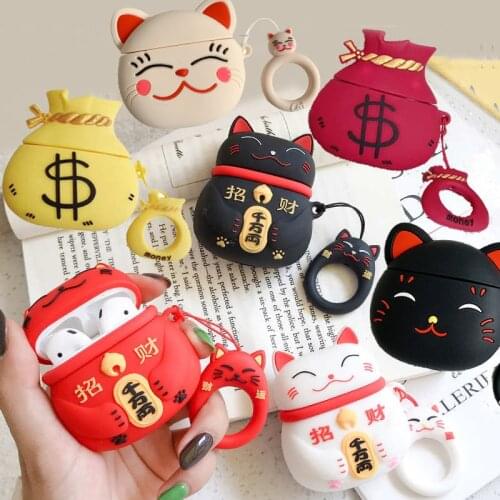 3D Cute Smile Lucky Cat Money Bag Silicone Case for Apple Airpods 1 2 Wireless Earphone Headphone Chinese Lucky Words Cover Box